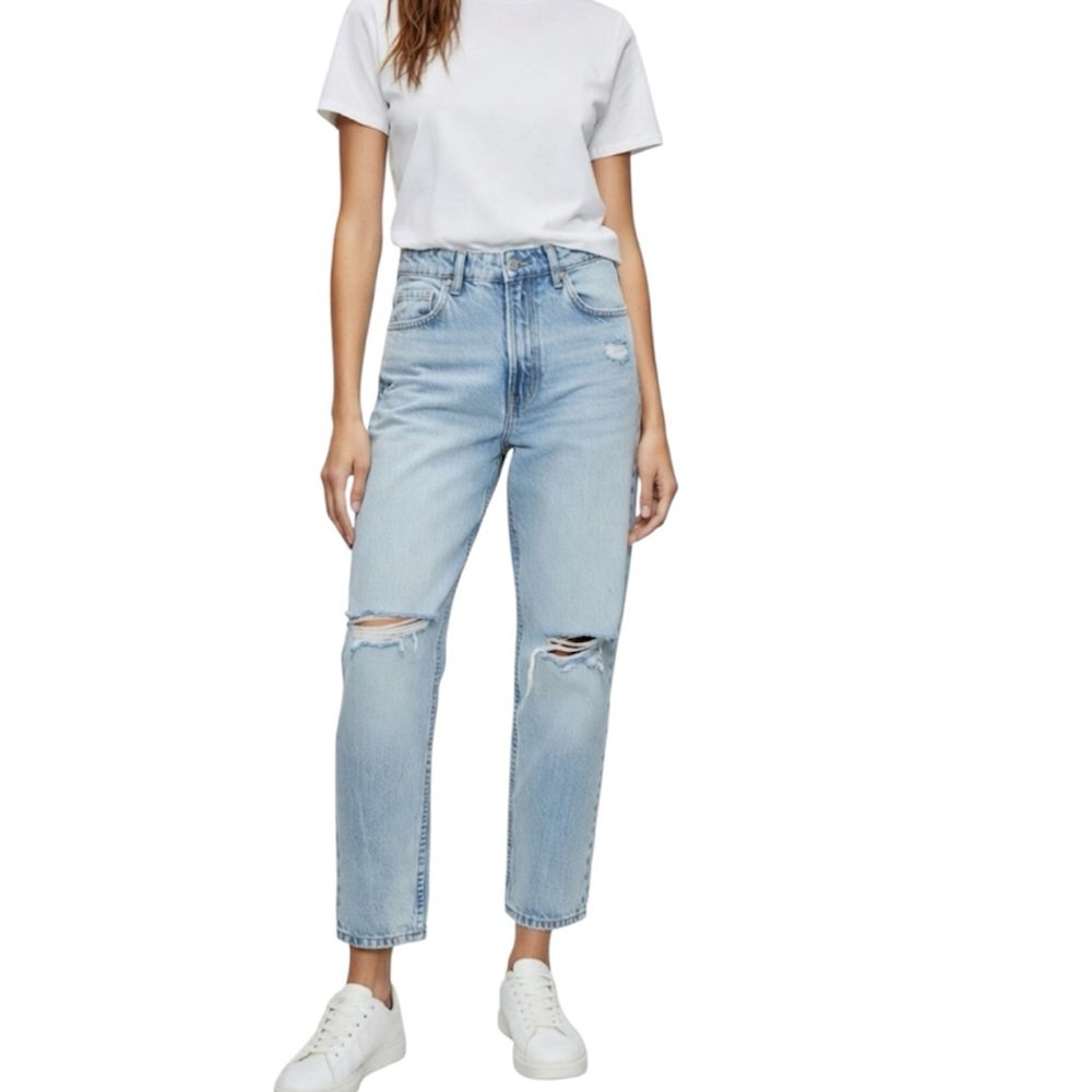 Zara Classic Mom Fit High Rise Distressed Ankle Jeans